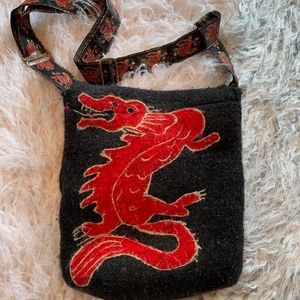 Handmade Felted Wool Handbag Gray with Red Dragon